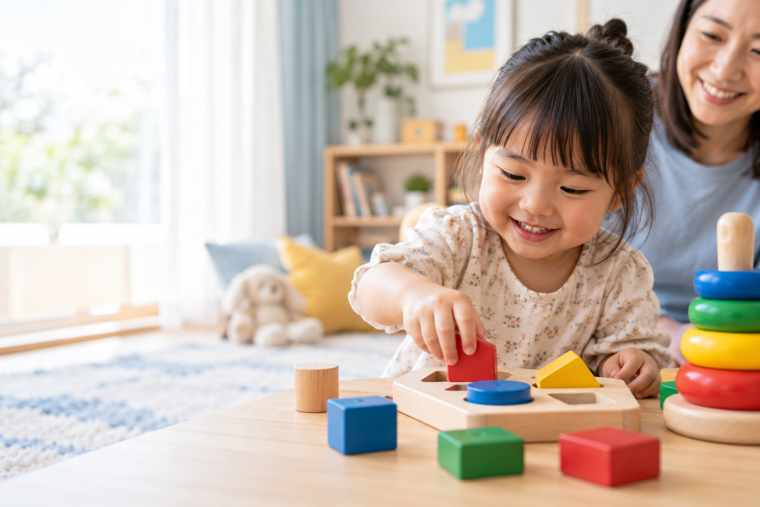 Child exploring a wooden learning toy with a parent