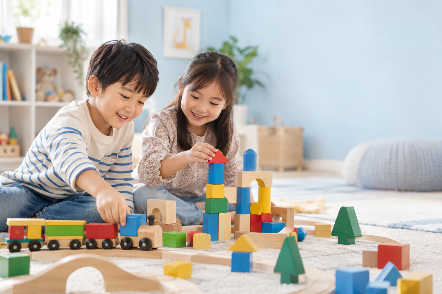 Children building with colorful wooden toys